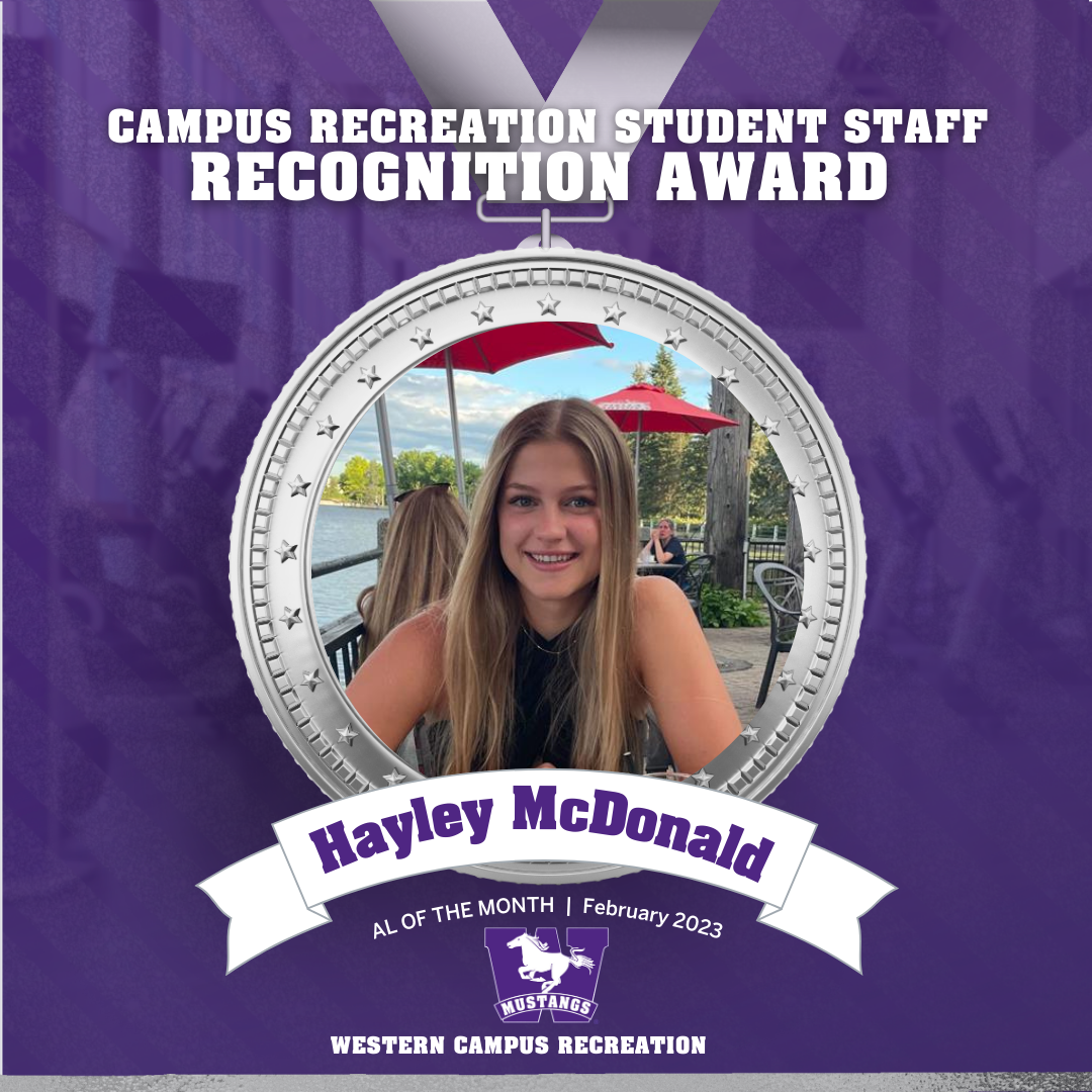 Image of Hayley Mcdonald inside of silver medal award and a purple mustangs background